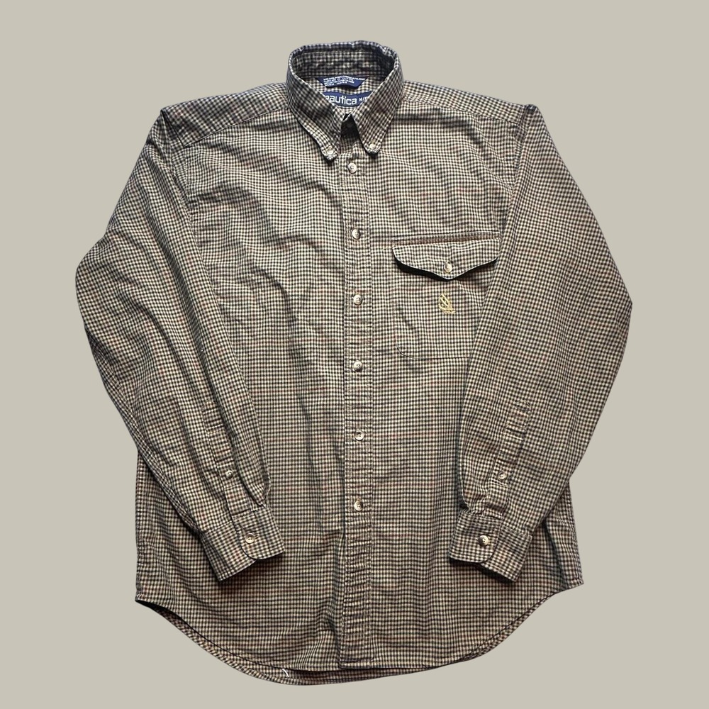 Vintage Nautica Shirt Mens Medium Button Down Long Slv Green Plaid Micro Check
